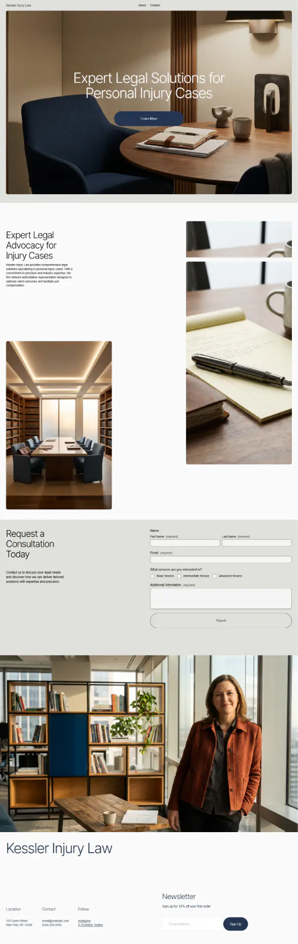 Squarespace's Kessler Injury Law page in its editor preview: a hero over an armchair at a round table reading Expert Legal Solutions for Personal Injury Cases, photos of a pen on a legal pad and a conference room, a consultation form, a photo of a woman in an office, and a footer.