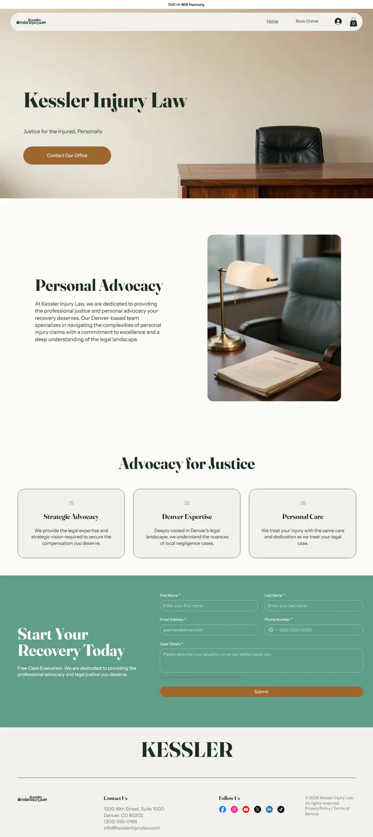 Wix's Kessler Injury Law page on a computer: a hero with an empty office chair at a desk, a Personal Advocacy section with a desk lamp photo, three Advocacy for Justice cards, a green Start Your Recovery Today form and a footer with an address, phone and email.