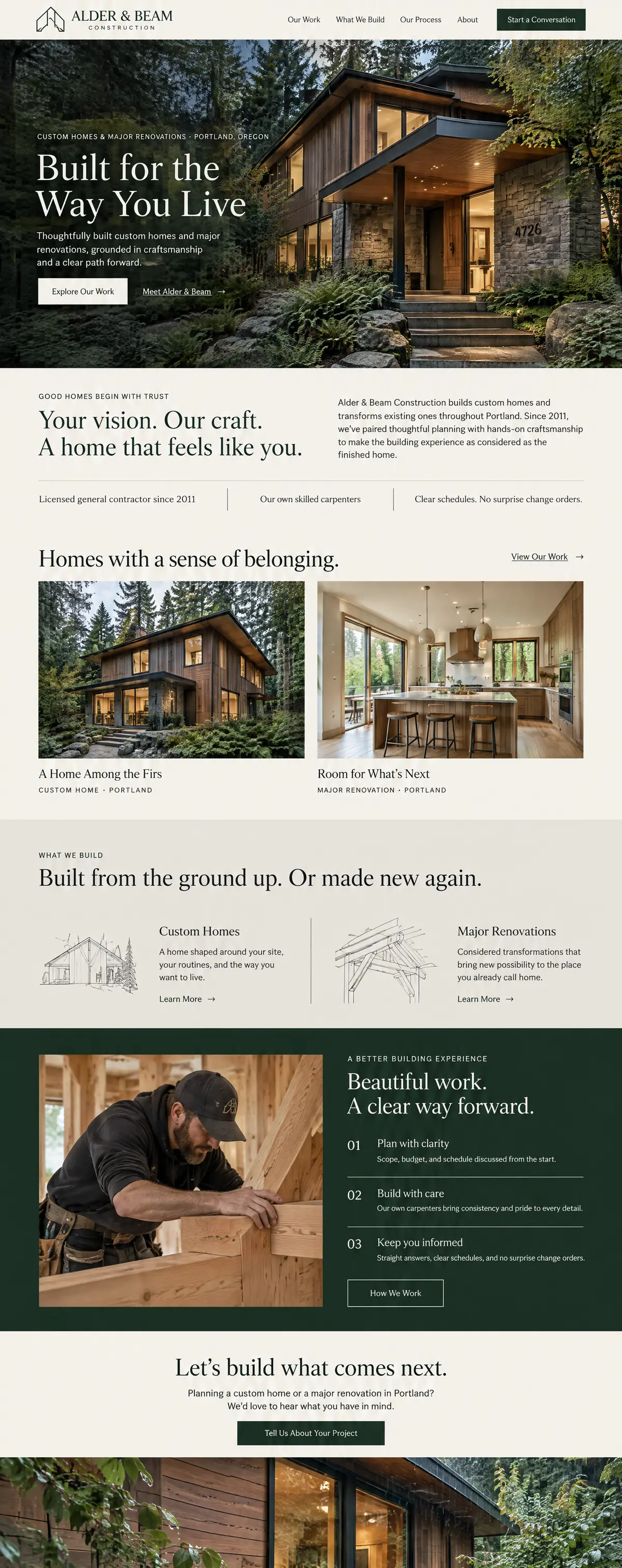 Homepage design for a custom home builder in Portland: cream and deep forest green with serif headings; full-width photo of a cedar-and-stone modern home among firs at dusk; custom homes and major renovations cards; carpenter at a timber beam beside a three-step list; rain-wet cedar siding closing photo