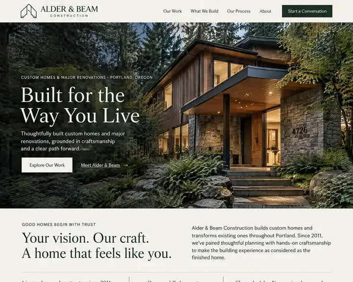 Example contractor website design by Future for Alder & Beam in Portland: cream and deep forest green with serif headings, a cedar-and-stone home among firs at dusk, a licensed-since-2011 trust strip, custom home and major renovation cards, and a carpenter at a timber beam