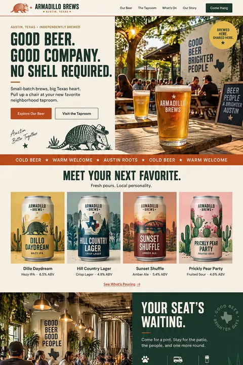 Example homepage design for Armadillo Brews, a fictional brewery and taproom in Austin, Texas (sunny patio look)