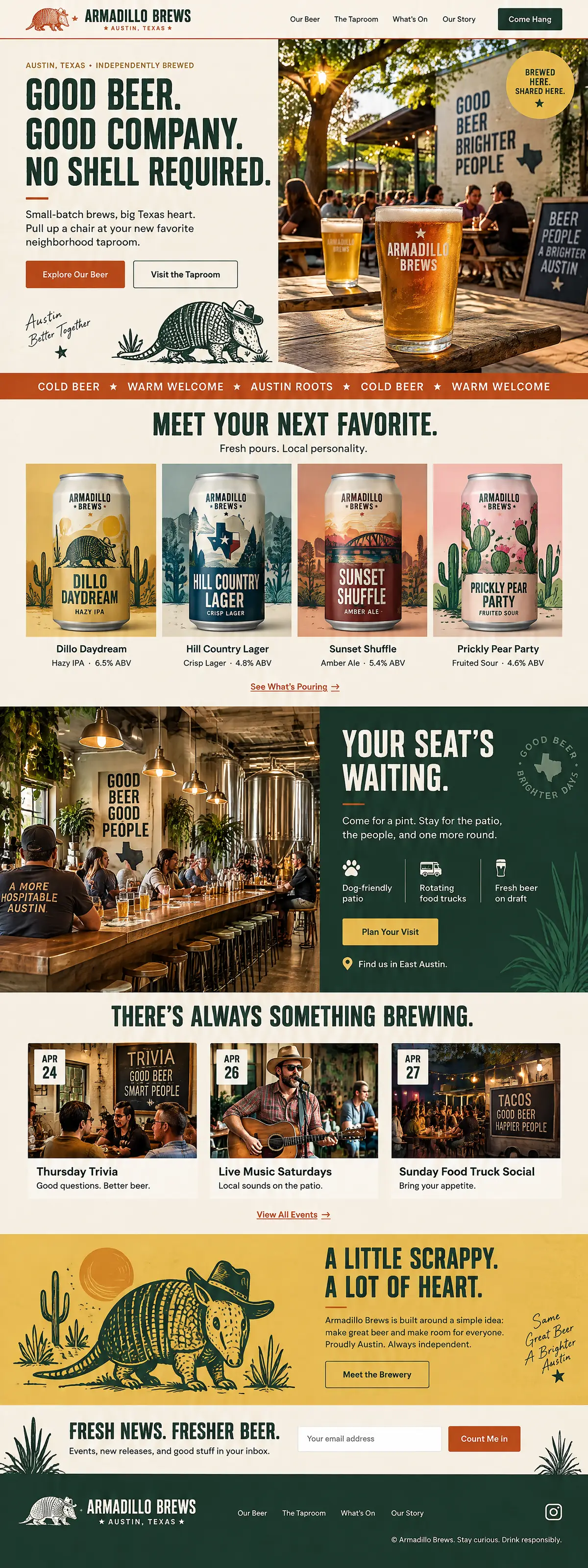 Homepage: Example homepage design for Armadillo Brews, a fictional brewery and taproom in Austin, Texas (sunny patio look)