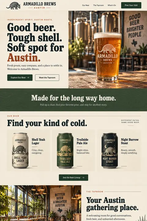 Example homepage design for Armadillo Brews, a fictional brewery and taproom in Austin, Texas (vintage craft look)