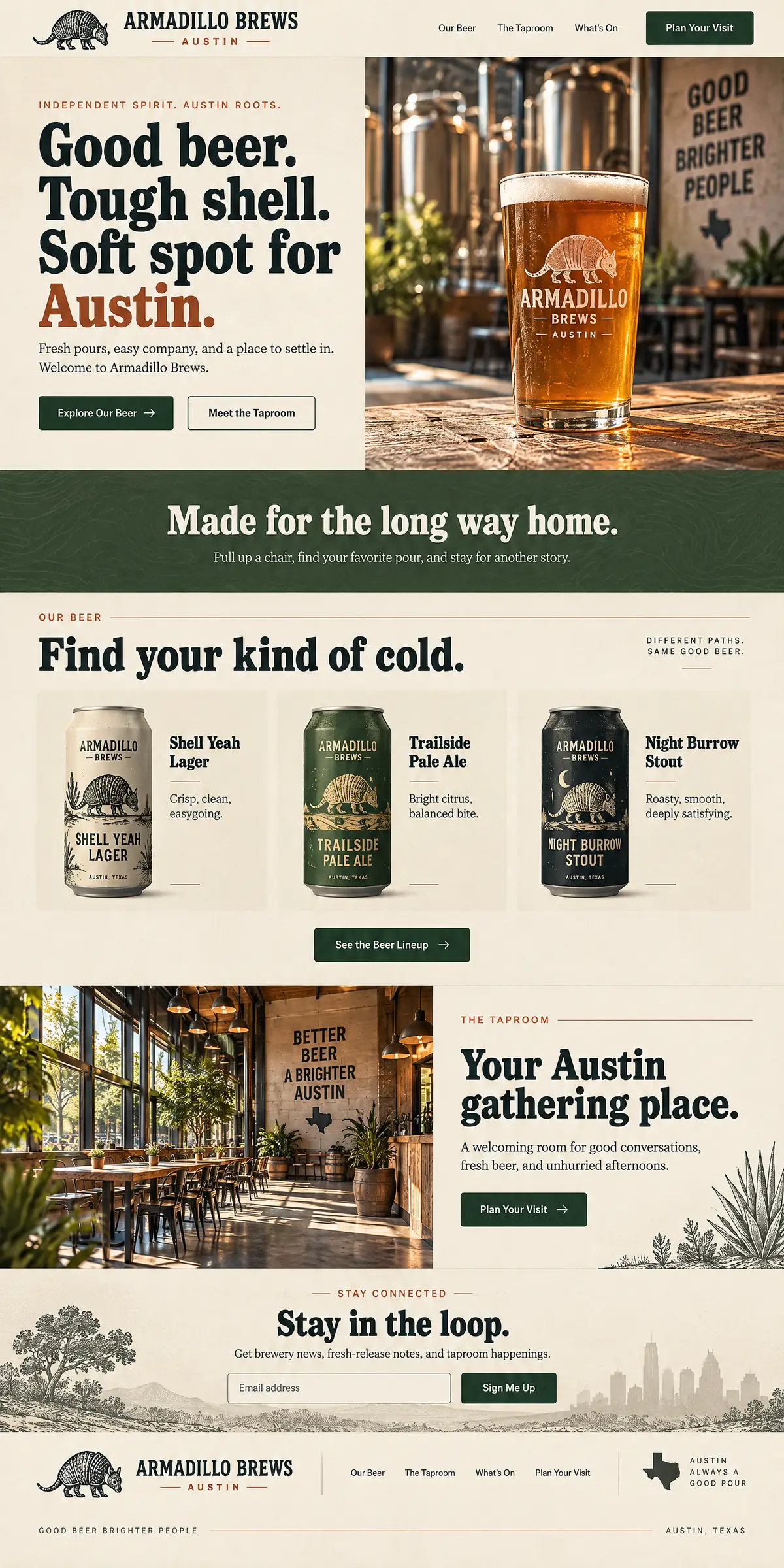 Homepage: Example homepage design for Armadillo Brews, a fictional brewery and taproom in Austin, Texas (vintage craft look)