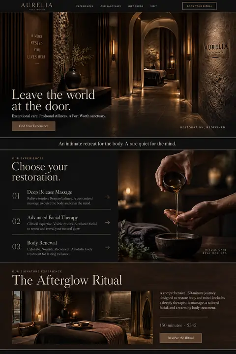 Example homepage design for Aurelia, a fictional luxury day spa in Fort Worth, Texas (luxury look)