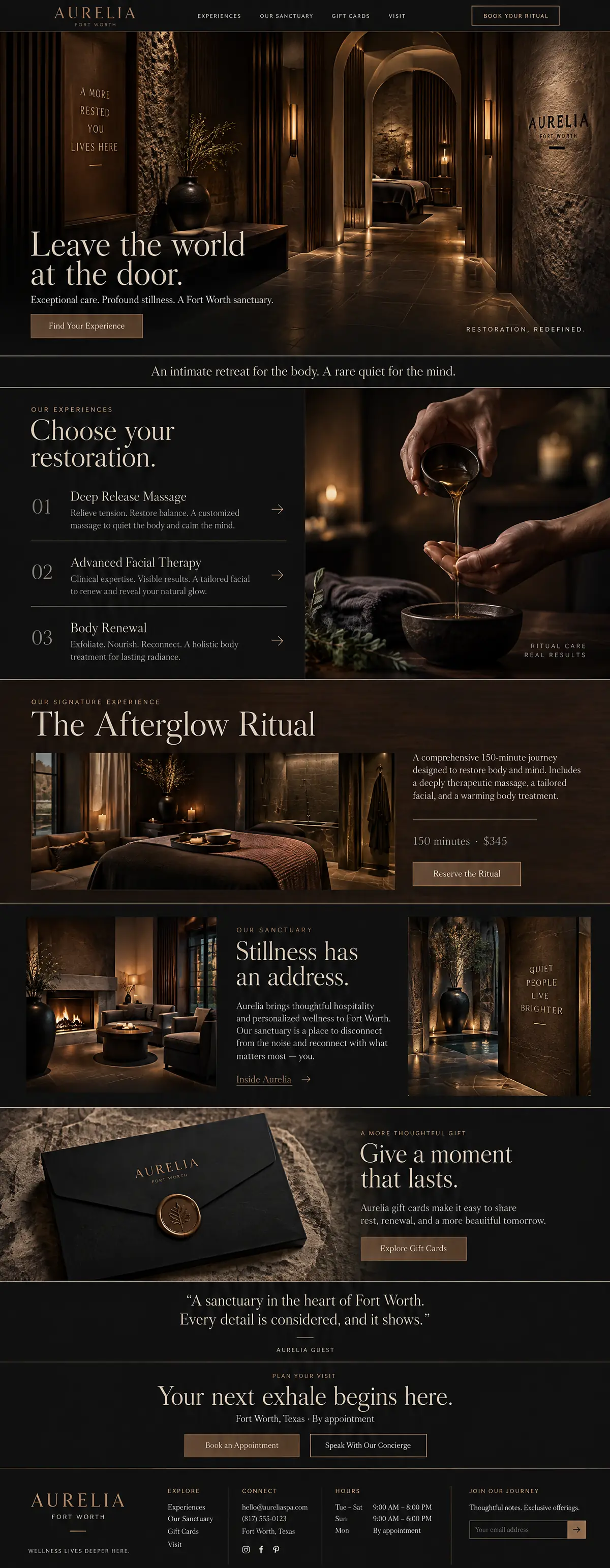 Homepage: Example homepage design for Aurelia, a fictional luxury day spa in Fort Worth, Texas (luxury look)