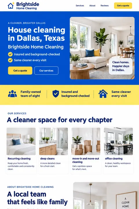Example homepage design for Brightside Home Cleaning, a fictional house cleaning service in Dallas, Texas (color-forward look)