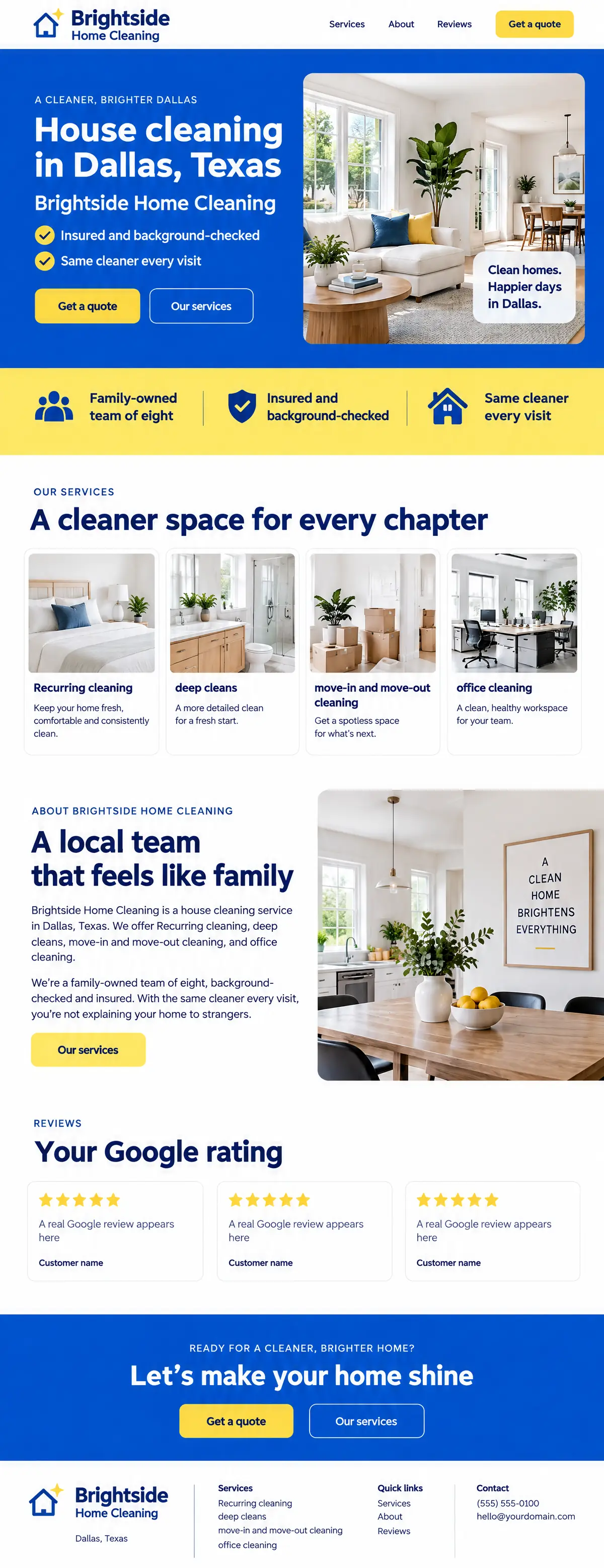 Homepage: Example homepage design for Brightside Home Cleaning, a fictional house cleaning service in Dallas, Texas (color-forward look)