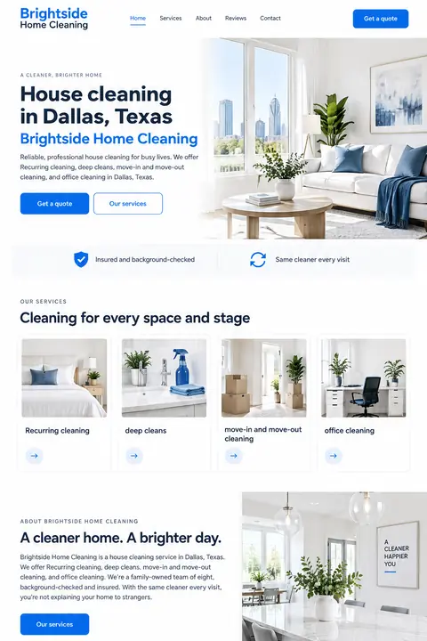 Example homepage design for Brightside Home Cleaning, a fictional house cleaning service in Dallas, Texas (light and clean look)