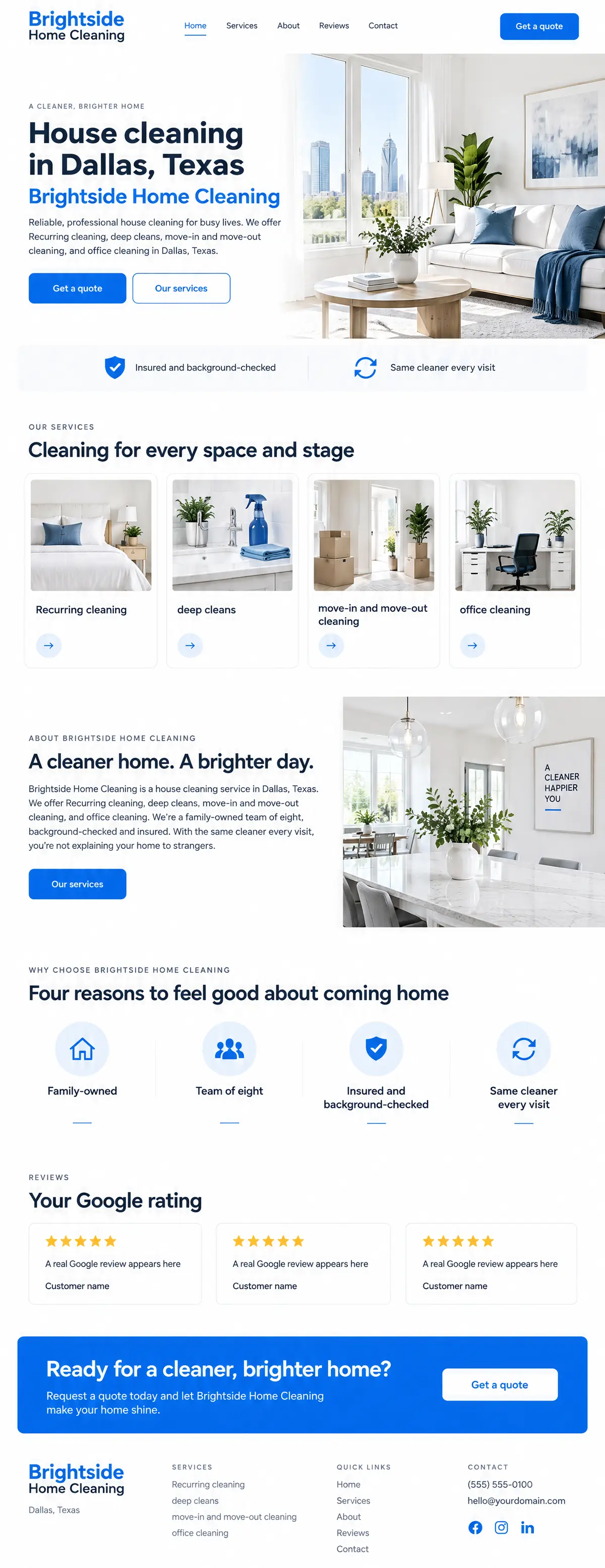 Homepage: Example homepage design for Brightside Home Cleaning, a fictional house cleaning service in Dallas, Texas (light and clean look)