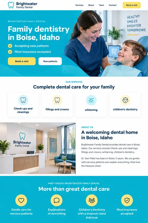 Example homepage design for Brightwater Family Dental, a fictional dentist in Boise, Idaho (color-forward look)
