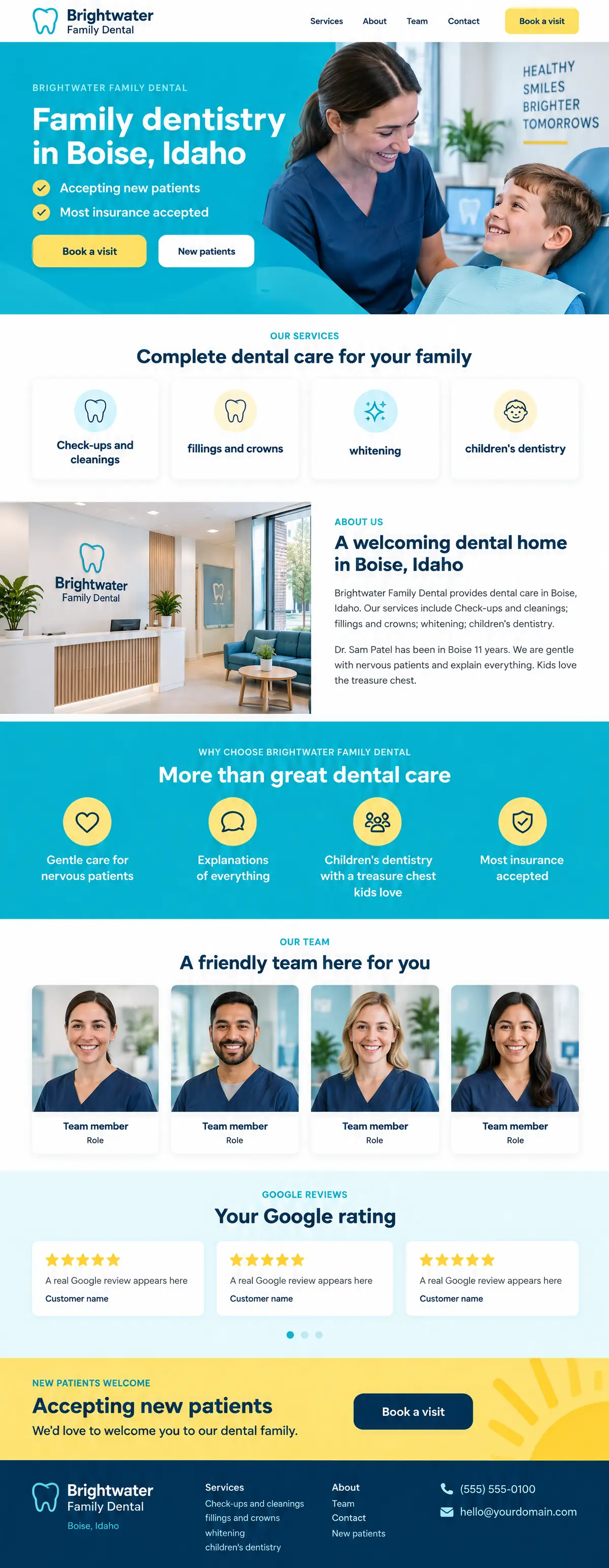 Homepage: Example homepage design for Brightwater Family Dental, a fictional dentist in Boise, Idaho (color-forward look)