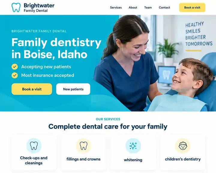 Homepage design for a family dentist in Boise: bright blue and sunny yellow; a dentist smiling with a boy in the chair; Accepting new patients and Most insurance accepted under the headline; check-up, filling, whitening and children's dentistry cards; gentle care for nervous patients