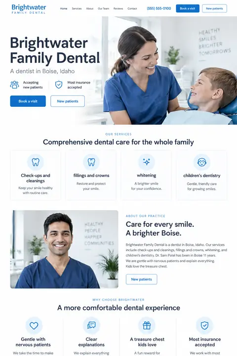 Example homepage design for Brightwater Family Dental, a fictional dentist in Boise, Idaho (light and clean look)