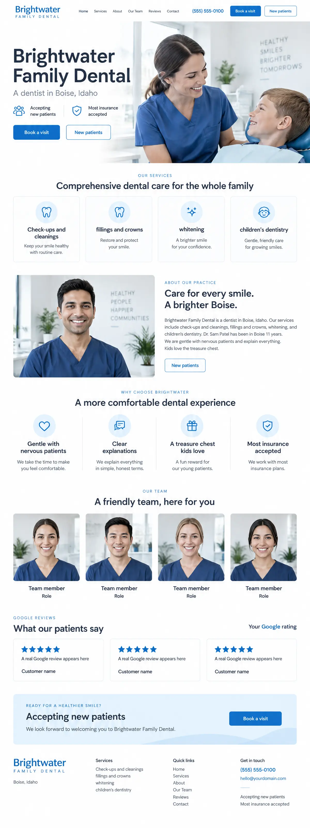 Homepage: Example homepage design for Brightwater Family Dental, a fictional dentist in Boise, Idaho (light and clean look)