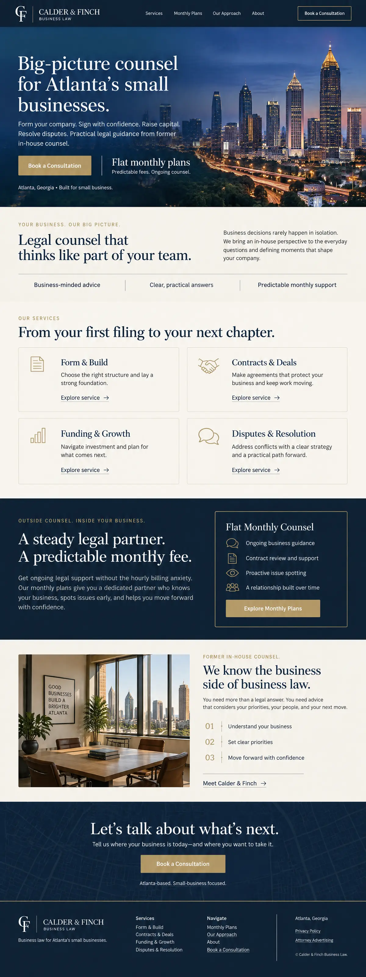 Homepage design for a business law firm in Atlanta: navy and cream with gold accents; 'Big-picture counsel for Atlanta's small businesses' over the Atlanta skyline at dusk; form, contracts, funding and disputes cards; flat monthly counsel panel; conference room with a skyline view