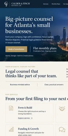 The top of the same business law firm design in a phone-sized frame