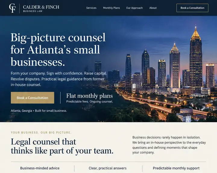 Homepage design for a business law firm in Atlanta: navy and cream with gold accents; 'Big-picture counsel for Atlanta's small businesses' over the Atlanta skyline at dusk; form, contracts, funding and disputes cards; flat monthly counsel panel; conference room with a skyline view