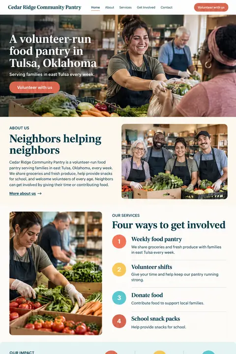 Example homepage design for Cedar Ridge Community Pantry, a fictional nonprofit food pantry in Tulsa, Oklahoma (playful look)