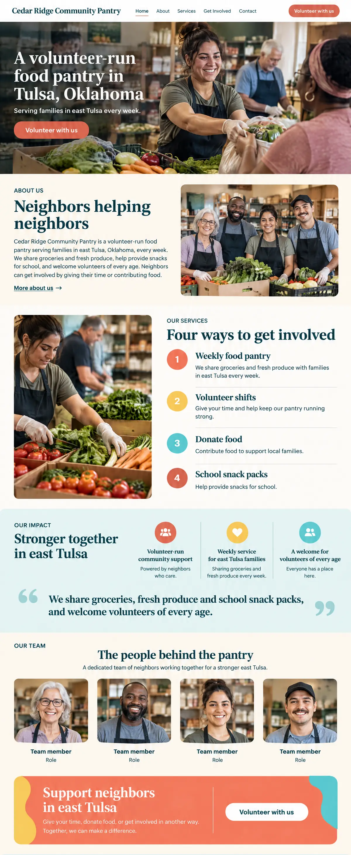 Homepage: Example homepage design for Cedar Ridge Community Pantry, a fictional nonprofit food pantry in Tulsa, Oklahoma (playful look)