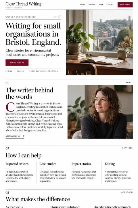 Example homepage design for Clear Thread Writing, a fictional freelance writer in Bristol, England (magazine look)