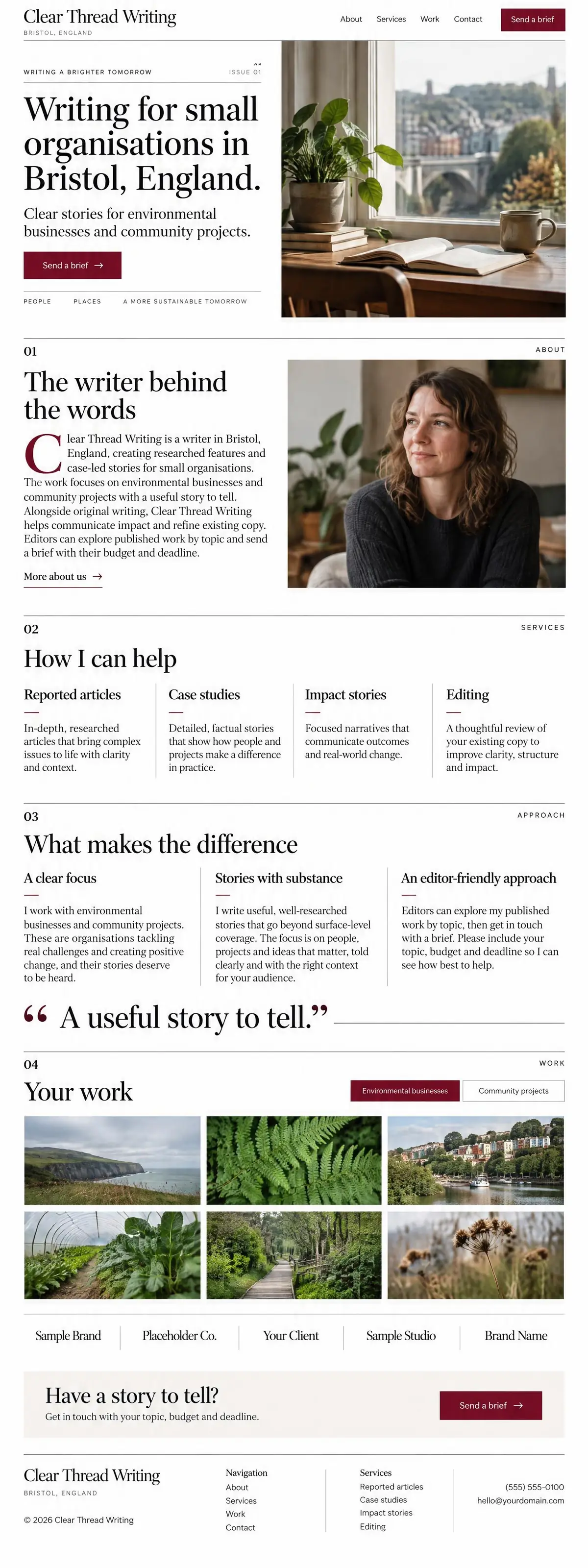Homepage: Example homepage design for Clear Thread Writing, a fictional freelance writer in Bristol, England (magazine look)