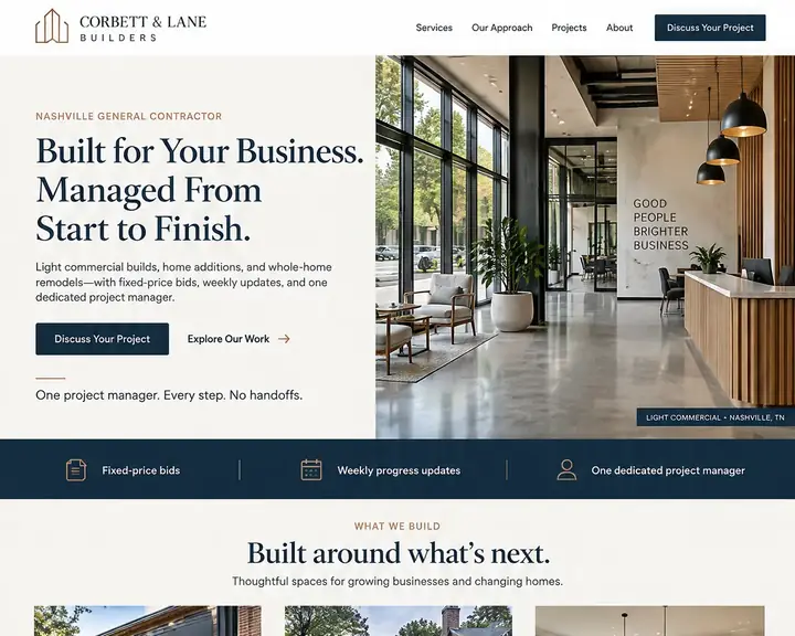 Example contractor website design by Future for Corbett & Lane Builders in Nashville: navy, cream and copper serif type beside a polished lobby, a bar promising fixed-price bids and weekly updates, and cards for light commercial, home additions and whole-home remodels