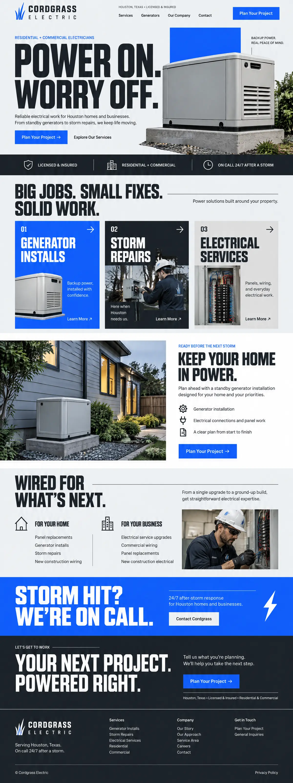 Homepage design for an electrical contractor in Houston: light gray, electric blue and charcoal with heavy condensed type; 'Power On. Worry Off.' beside a standby generator; tall numbered tiles for generators, storm repairs and electrical services; home vs business service lists; blue 'Storm hit? We're on call.' band