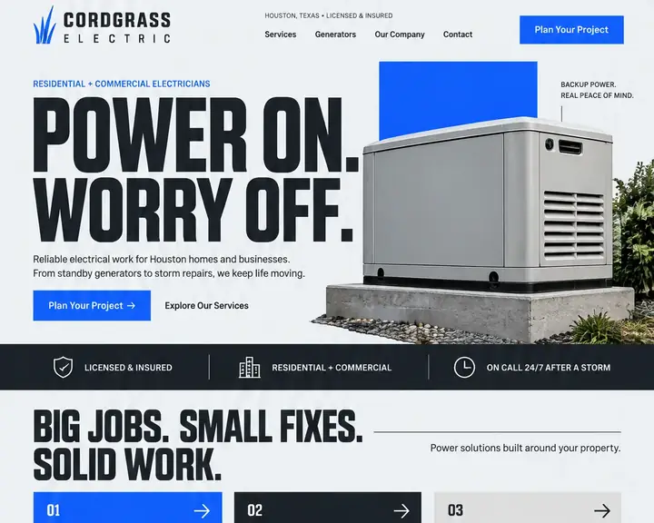 Homepage design for an electrical contractor in Houston: light gray, electric blue and charcoal with heavy condensed type; 'Power On. Worry Off.' beside a standby generator; tall numbered tiles for generators, storm repairs and electrical services; home vs business service lists; blue 'Storm hit? We're on call.' band