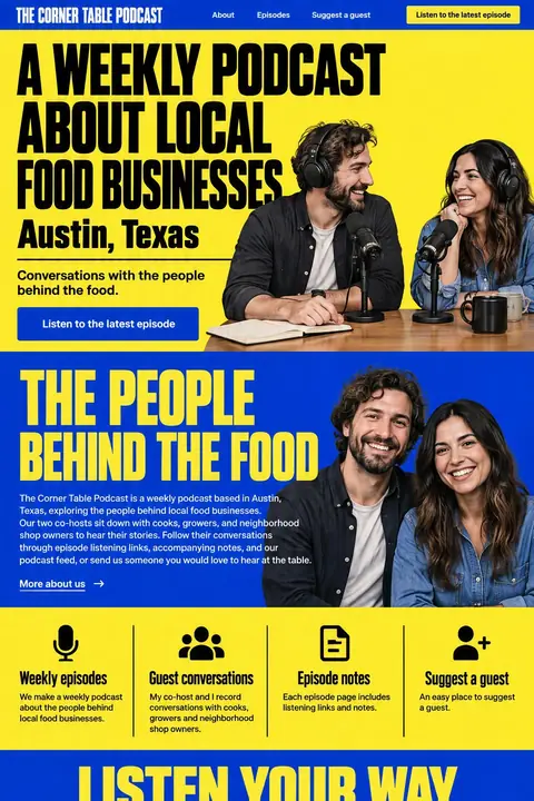Example homepage design for The Corner Table Podcast, a fictional podcast creator in Austin, Texas (bold poster look)