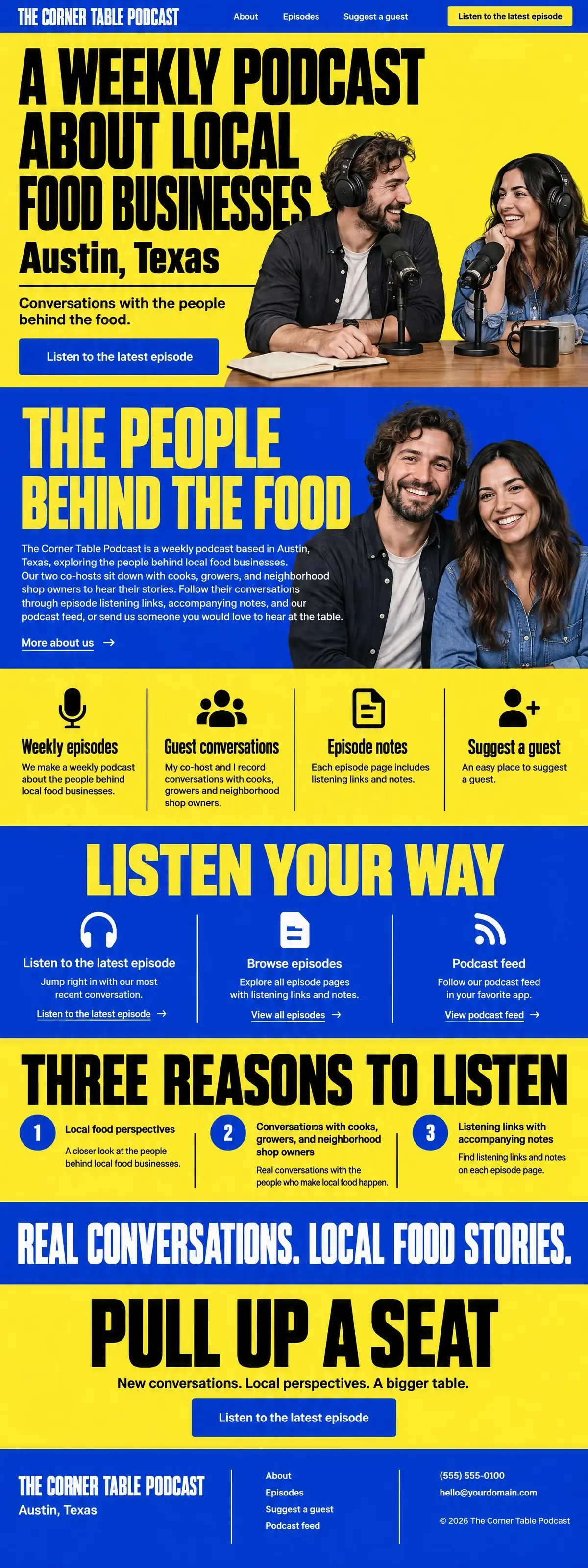 Homepage: Example homepage design for The Corner Table Podcast, a fictional podcast creator in Austin, Texas (bold poster look)