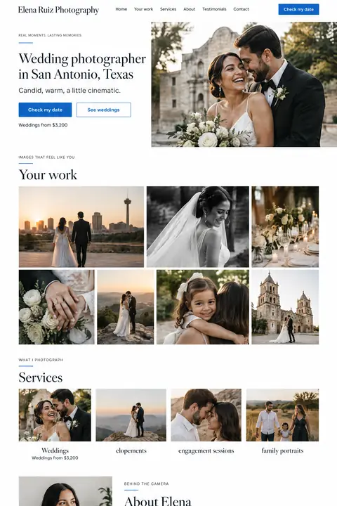 Example homepage design for Elena Ruiz Photography, a fictional wedding photographer in San Antonio, Texas (light and clean look)