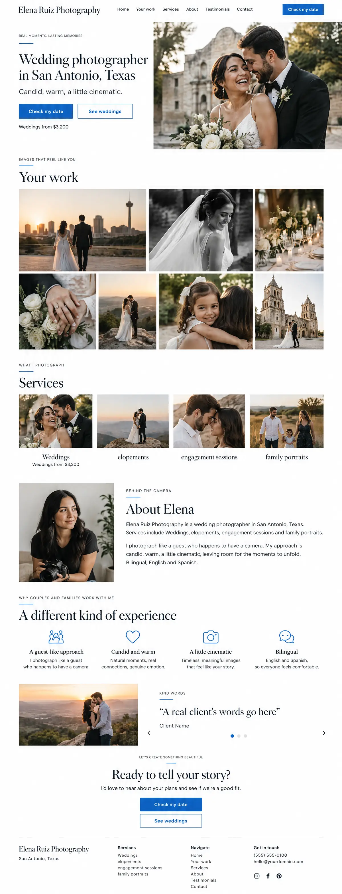 Homepage: Example homepage design for Elena Ruiz Photography, a fictional wedding photographer in San Antonio, Texas (light and clean look)