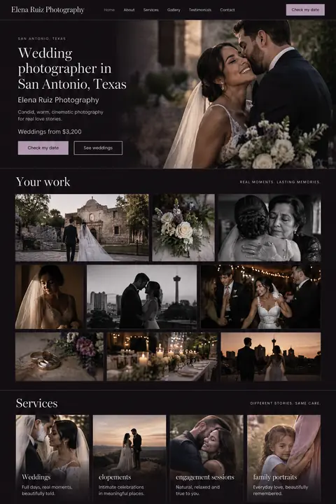 Example homepage design for Elena Ruiz Photography, a fictional wedding photographer in San Antonio, Texas (luxury look)