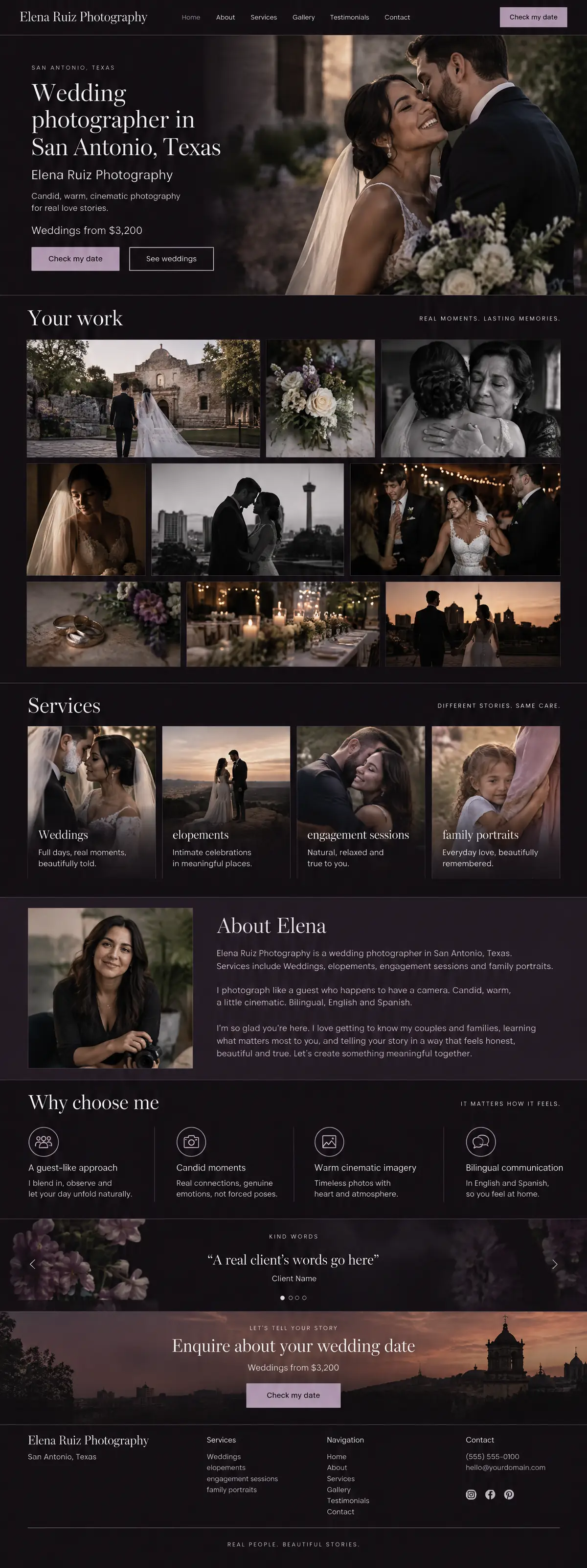 Homepage: Example homepage design for Elena Ruiz Photography, a fictional wedding photographer in San Antonio, Texas (luxury look)