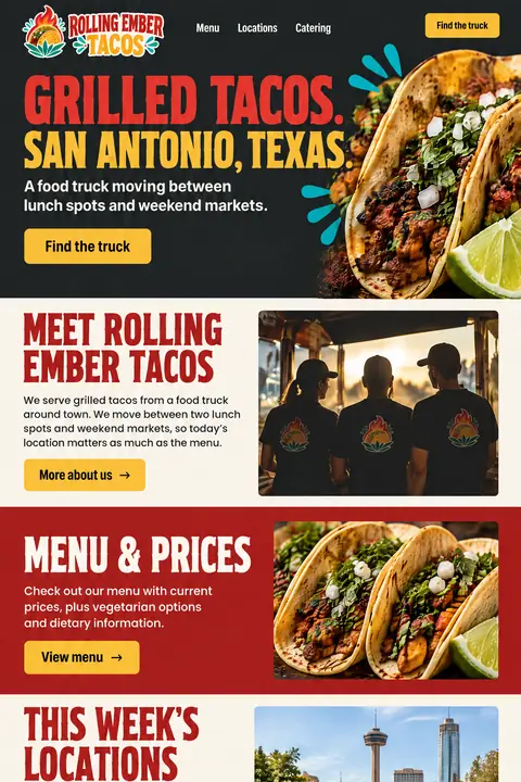 Example homepage design for Rolling Ember Tacos, a fictional food truck in San Antonio, Texas (bold poster look)