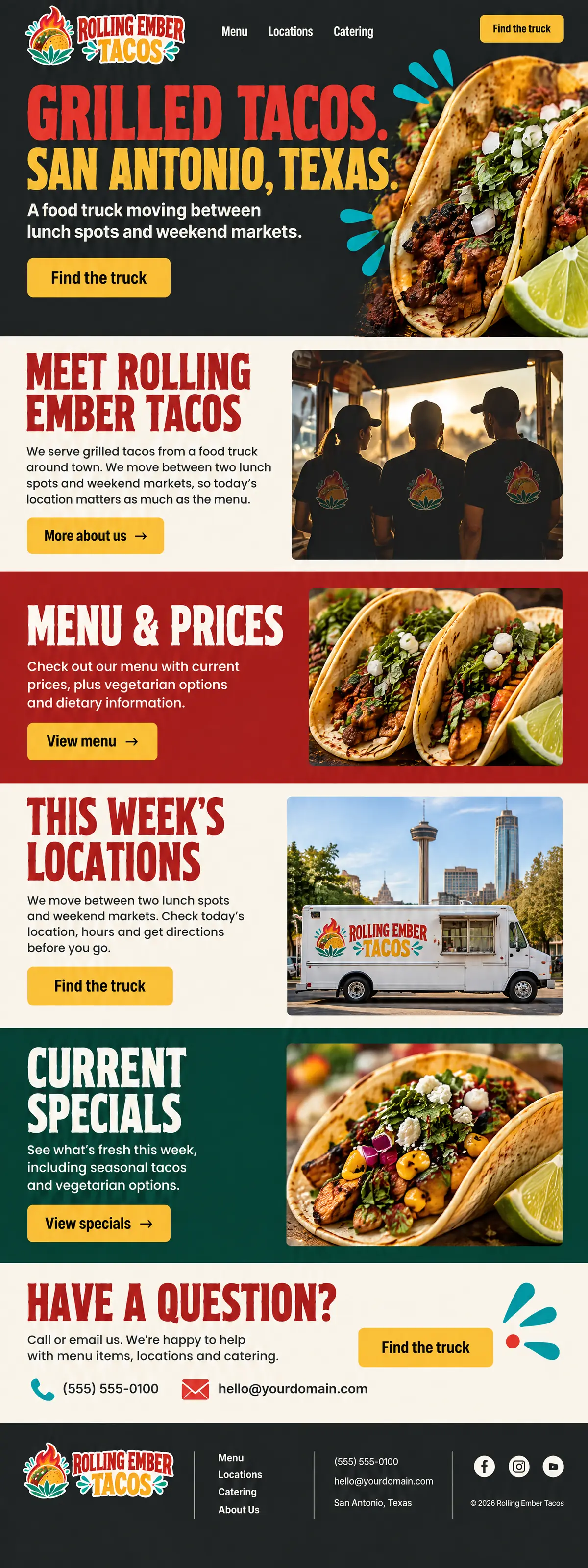 Homepage: Example homepage design for Rolling Ember Tacos, a fictional food truck in San Antonio, Texas (bold poster look)