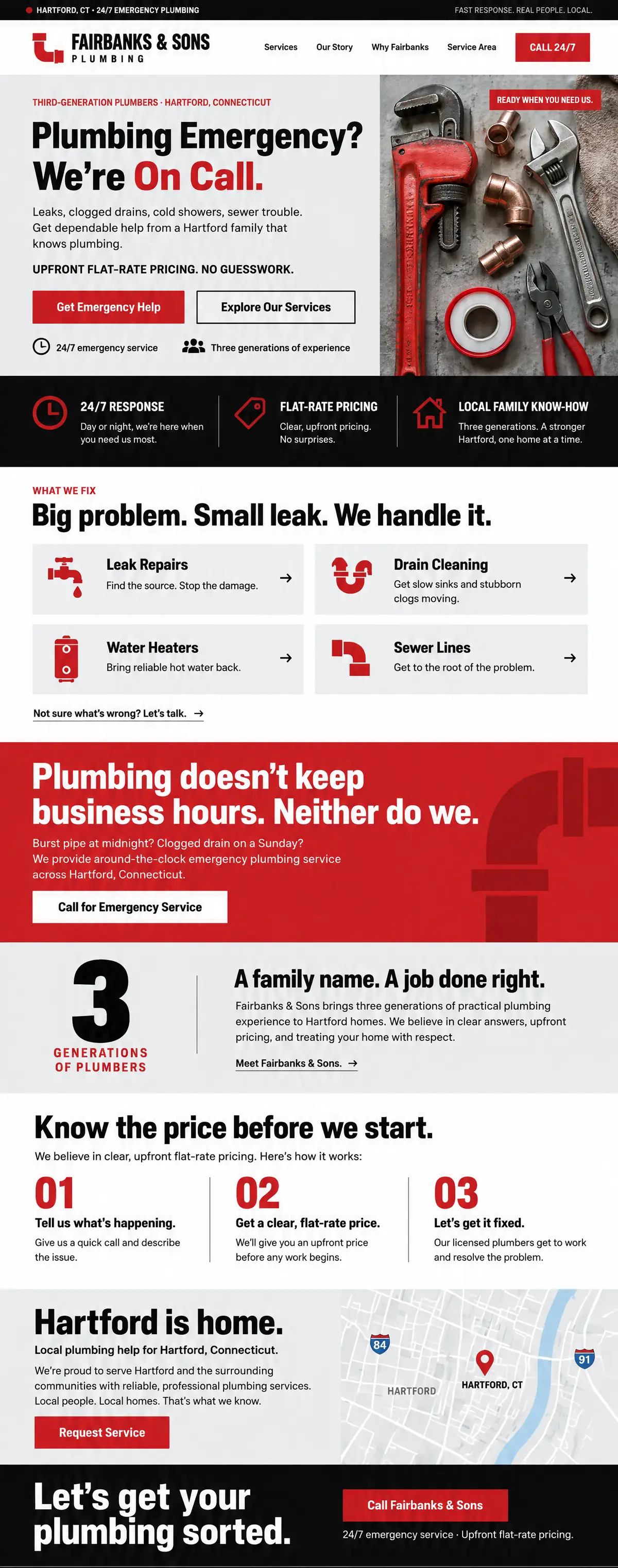 Homepage design for a plumber in Hartford: red, black and light gray with condensed type; 'Plumbing Emergency? We're On Call.' beside a flat-lay of a pipe wrench and copper fittings; black trust band; four service tiles; red 'Plumbing doesn't keep business hours' banner; big three-generations stat; Hartford map
