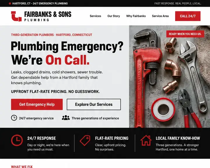 Homepage design for a plumber in Hartford: red, black and light gray with condensed type; 'Plumbing Emergency? We're On Call.' beside a flat-lay of a pipe wrench and copper fittings; black trust band; four service tiles; red 'Plumbing doesn't keep business hours' banner; big three-generations stat; Hartford map