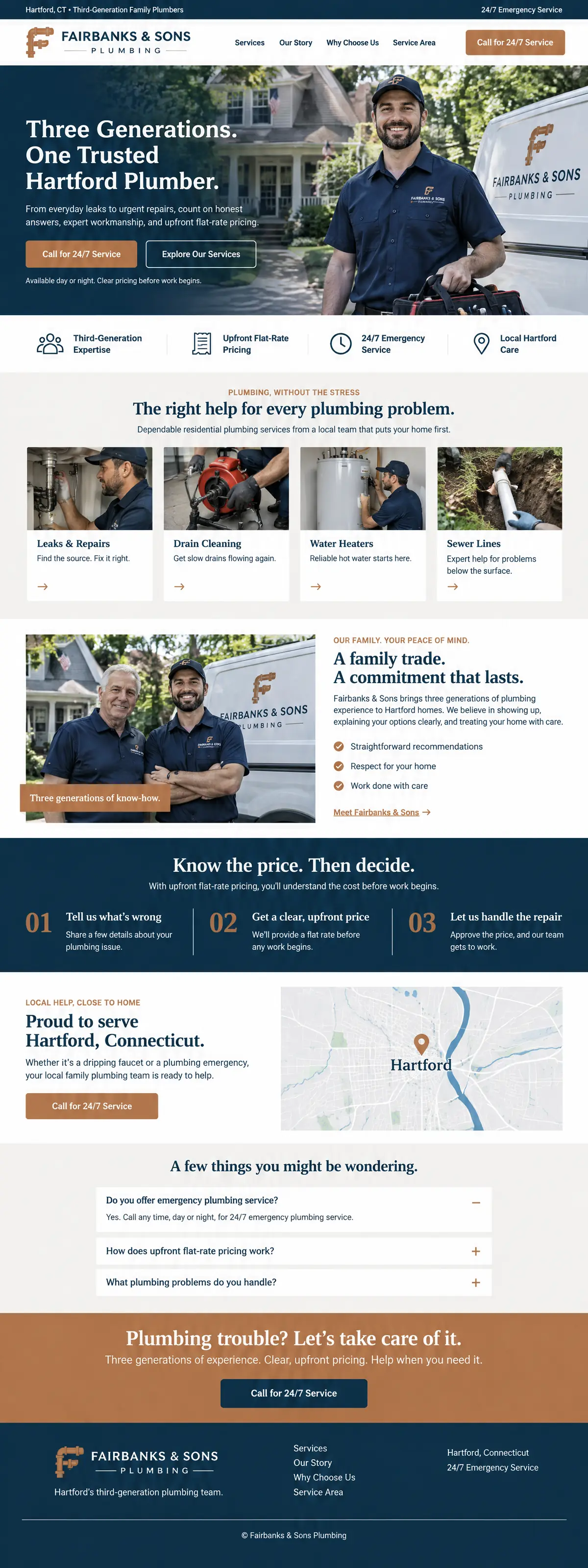Homepage design for a plumber in Hartford: navy and copper; hero photo of a smiling plumber with a tool bag beside a branded van at a colonial house; four photo service cards; father-and-son photo; navy three-step flat-rate pricing band; Hartford map; FAQ; copper call band