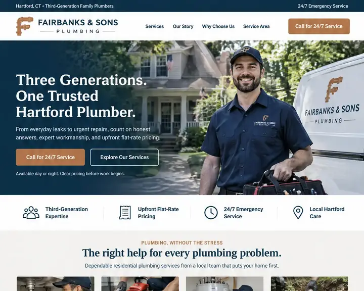 Homepage design for a plumber in Hartford: navy and copper; hero photo of a smiling plumber with a tool bag beside a branded van at a colonial house; four photo service cards; father-and-son photo; navy three-step flat-rate pricing band; Hartford map; FAQ; copper call band