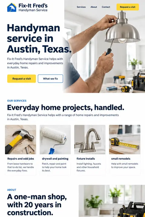 Example homepage design for Fix-It Fred's Handyman Service, a fictional handyman service in Austin, Texas (color-forward look)