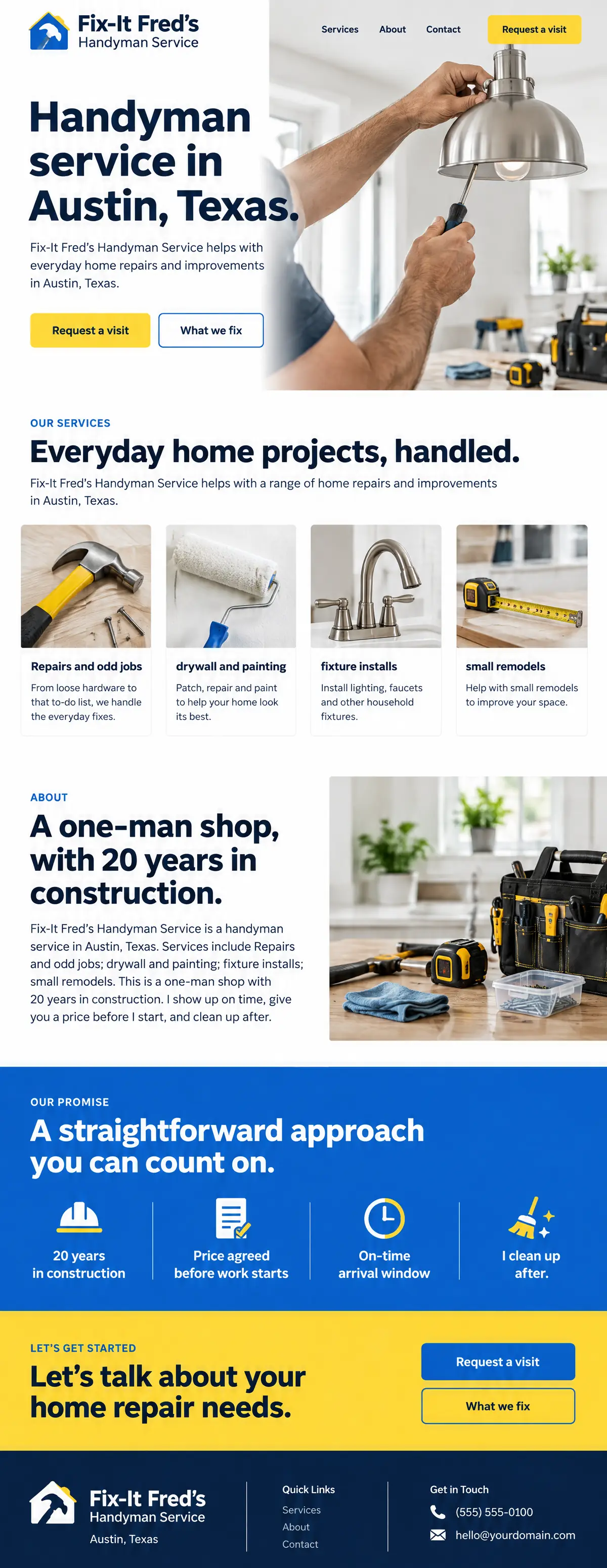 Homepage: Example homepage design for Fix-It Fred's Handyman Service, a fictional handyman service in Austin, Texas (color-forward look)