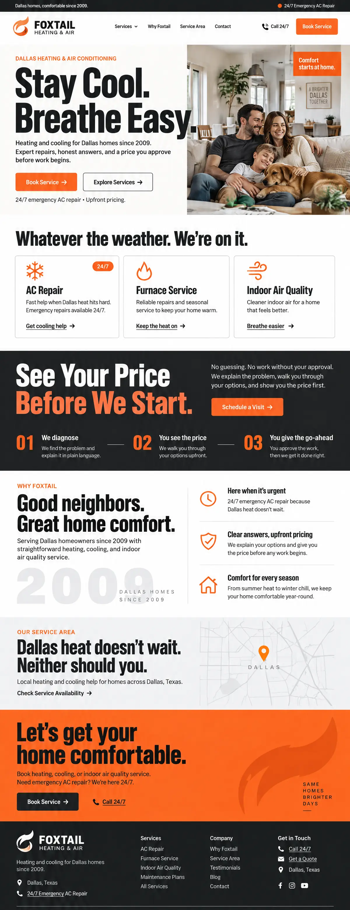 Homepage design for a heating and air conditioning company in Dallas: black, white and bright orange; heavy 'Stay Cool. Breathe Easy.' headline beside a family and dog on a sofa; three service cards with a 24/7 tag; black 'See Your Price Before We Start' band; Dallas map; orange call-to-action band