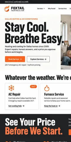 The top of the same heating and air conditioning company design in a phone-sized frame