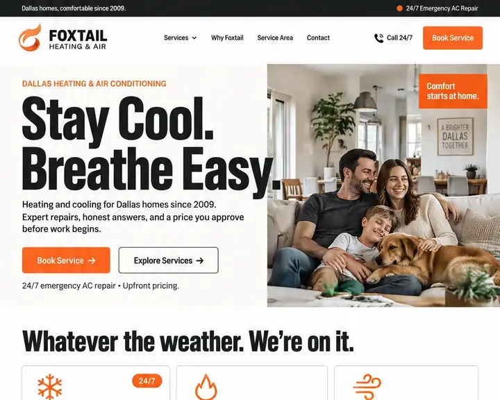 Homepage design for a heating and air conditioning company in Dallas: black, white and bright orange; heavy 'Stay Cool. Breathe Easy.' headline beside a family and dog on a sofa; three service cards with a 24/7 tag; black 'See Your Price Before We Start' band; Dallas map; orange call-to-action band