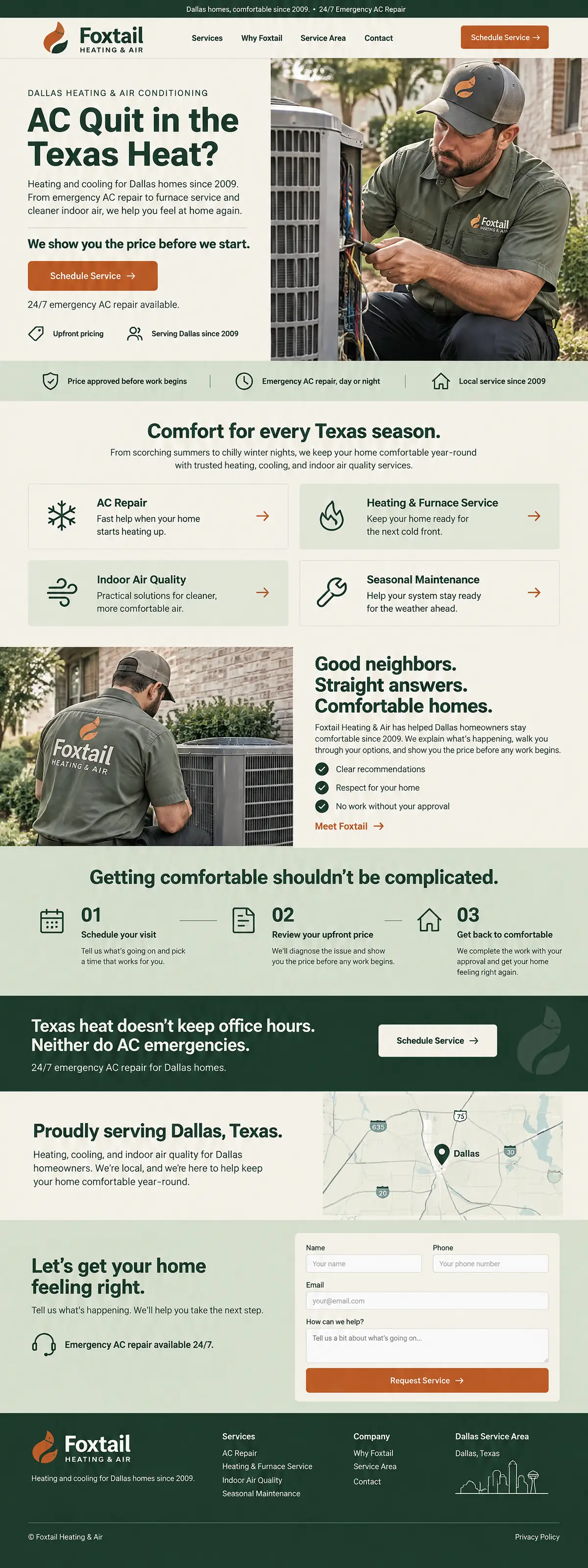 Homepage design for a heating and air conditioning company in Dallas: forest green, sage and burnt orange; 'AC Quit in the Texas Heat?' beside a technician wiring a condenser; four service cards with icons; three-step 'see the price first' process; dark green 24/7 emergency band; Dallas service-area map
