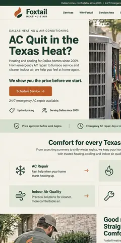 The top of the same heating and air conditioning company design in a phone-sized frame