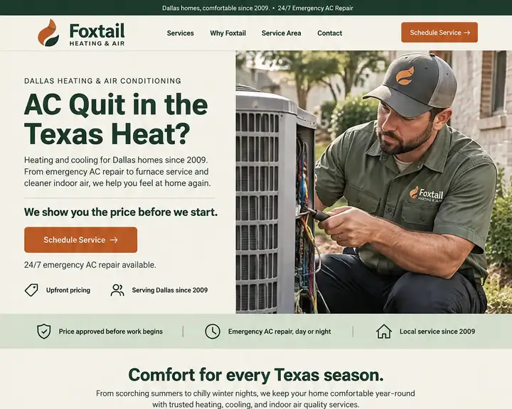 Homepage design for a heating and air conditioning company in Dallas: forest green, sage and burnt orange; 'AC Quit in the Texas Heat?' beside a technician wiring a condenser; four service cards with icons; three-step 'see the price first' process; dark green 24/7 emergency band; Dallas service-area map