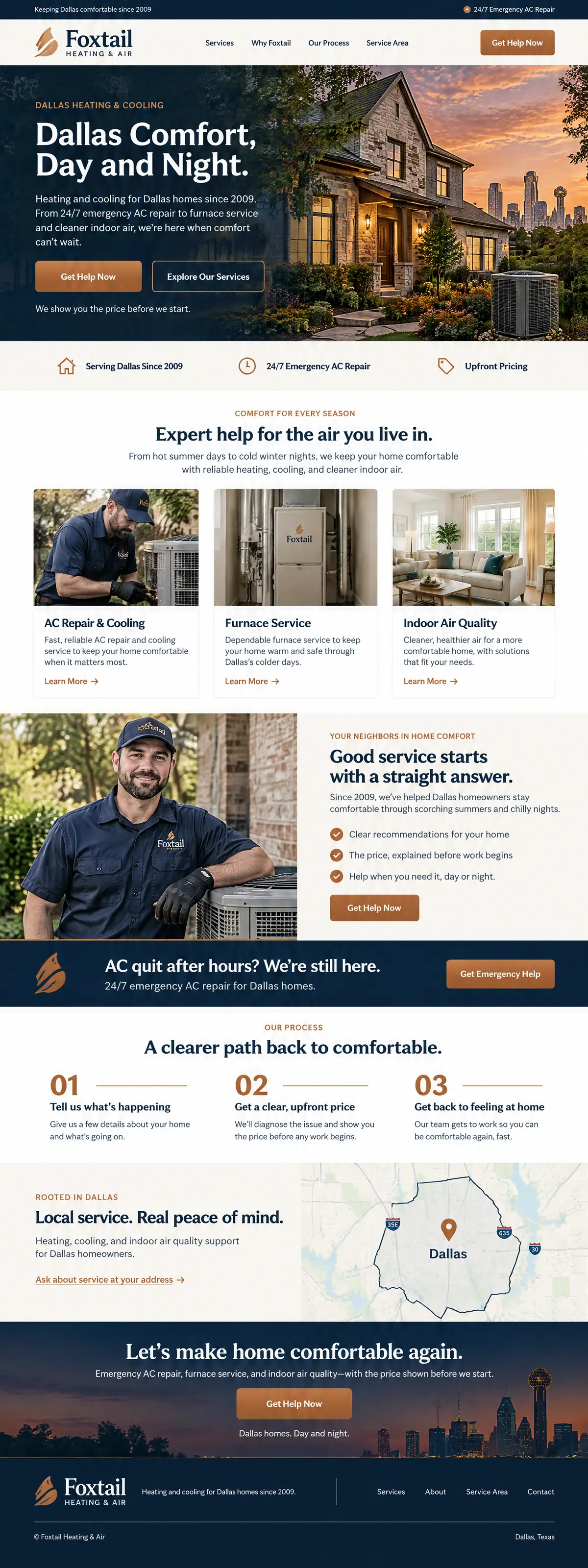 Homepage design for a heating and air conditioning company in Dallas: navy, cream and copper; 'Dallas Comfort, Day and Night.' over a stone house at dusk with the Dallas skyline; three photo service cards; technician beside a condenser; navy 24/7 emergency band; Dallas map with highway shields